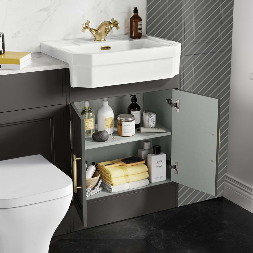 Monaco Graphite Grey Combination Vanity Traditional Basin with Marble Top & Atlanta Toilet 1200mm - Brass Knurled Handles