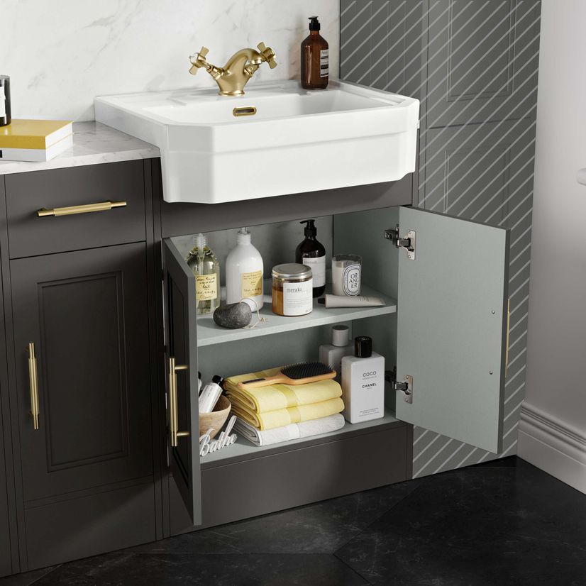 Monaco Graphite Grey Combination Vanity Traditional Basin with Marble Top 1500mm (Excludes Pan & Cistern) - Brass Knurled Handles