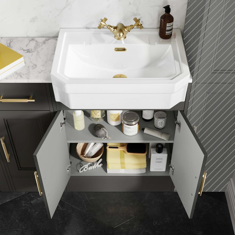 Monaco Graphite Grey Combination Vanity Traditional Basin with Marble Top and Boston V2 Toilet 1500mm - Brass Knurled Handles