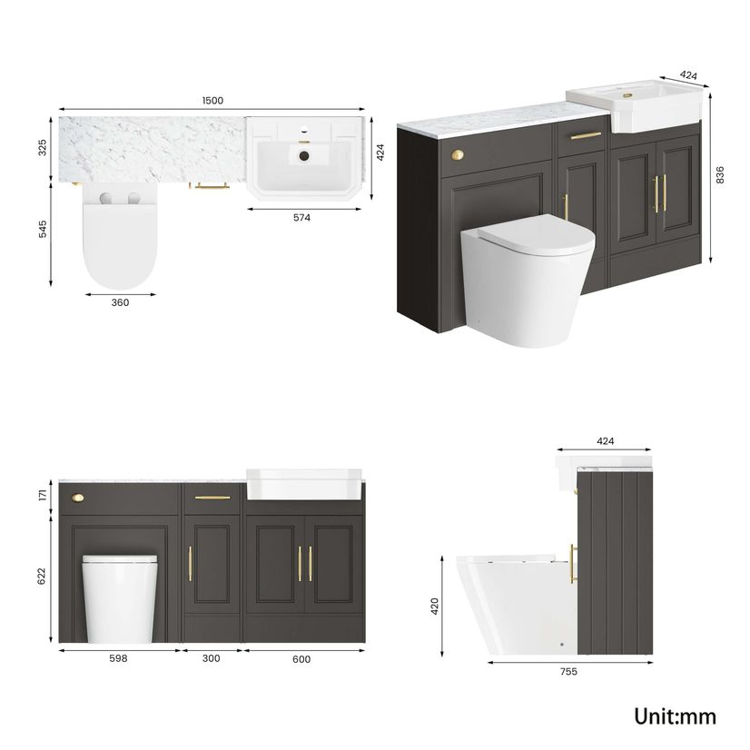 Monaco Graphite Grey Combination Vanity Traditional Basin with Marble Top and Boston V2 Toilet 1500mm - Brass Knurled Handles