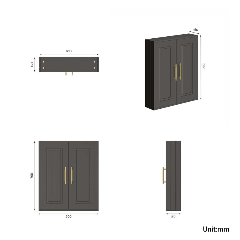 Graphite Grey Wall Hung Cabinet 700x600mm - Brass Knurled Handles
