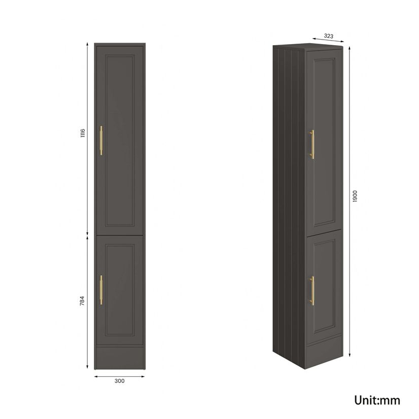 Monaco Graphite Grey Floor Standing Tall Cabinet Unit 1900x300mm - Brass Knurled Handles