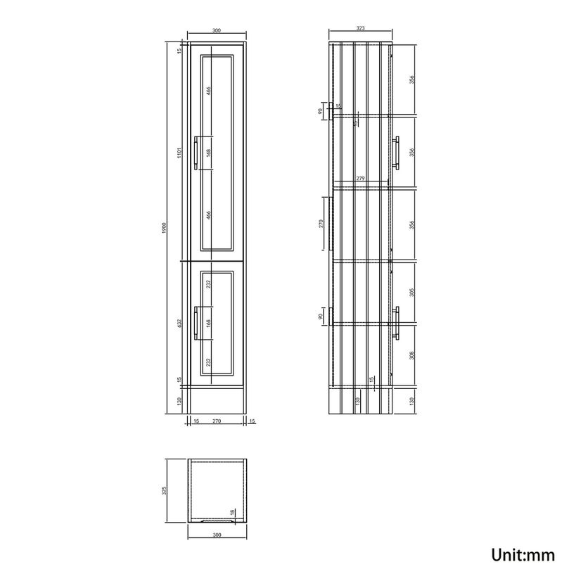 Monaco Graphite Grey Floor Standing Tall Cabinet Unit 1900x300mm - Brass Knurled Handles