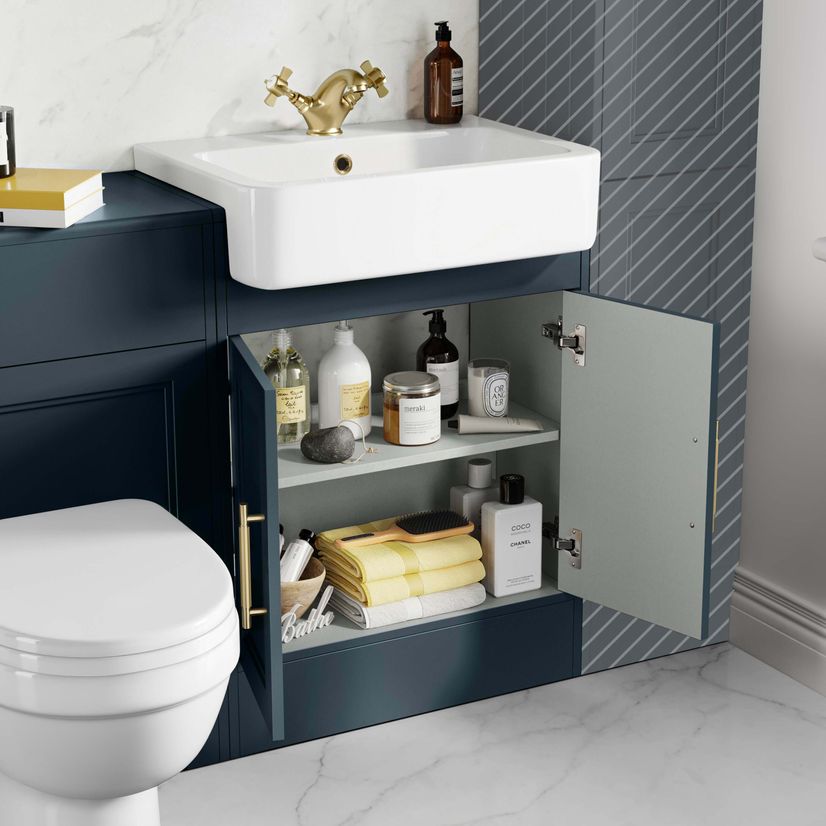Monaco Inky Blue Combination Vanity Basin and Seattle Toilet 1200mm - Brass Knurled Handles