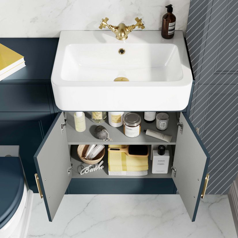 Monaco Inky Blue Combination Vanity Basin and Hudson Toilet with Wooden Seat 1200mm - Brass Knurled Handles