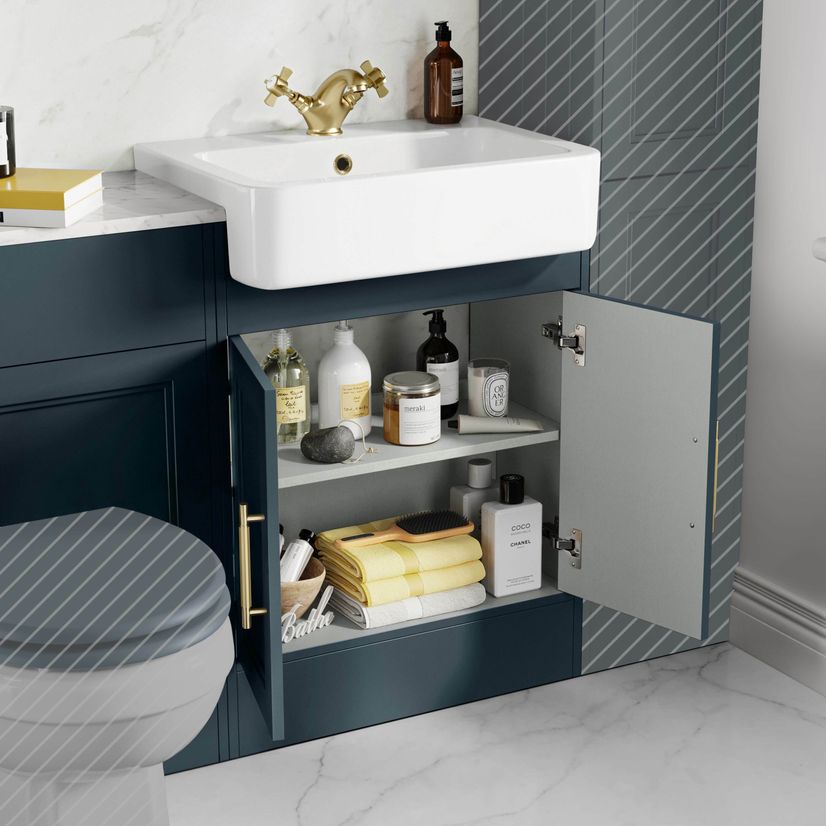 Monaco Inky Blue Combination Vanity Basin with Marble Top 1200mm (Excludes Pan & Cistern) - Brass Knurled Handles