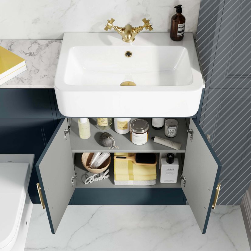 Monaco Inky Blue Combination Vanity Basin with Marble Top & Atlanta Toilet 1200mm - Brass Knurled Handles