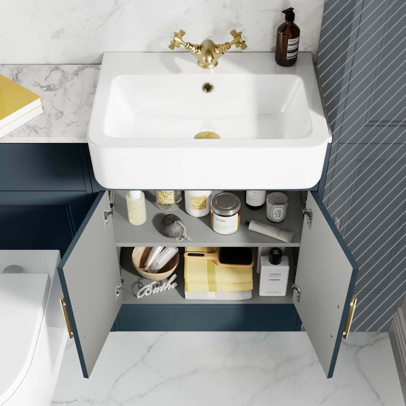 Monaco Inky Blue Combination Vanity Basin with Marble Top & Boston V2 Toilet 1200mm - Brass Knurled Handles