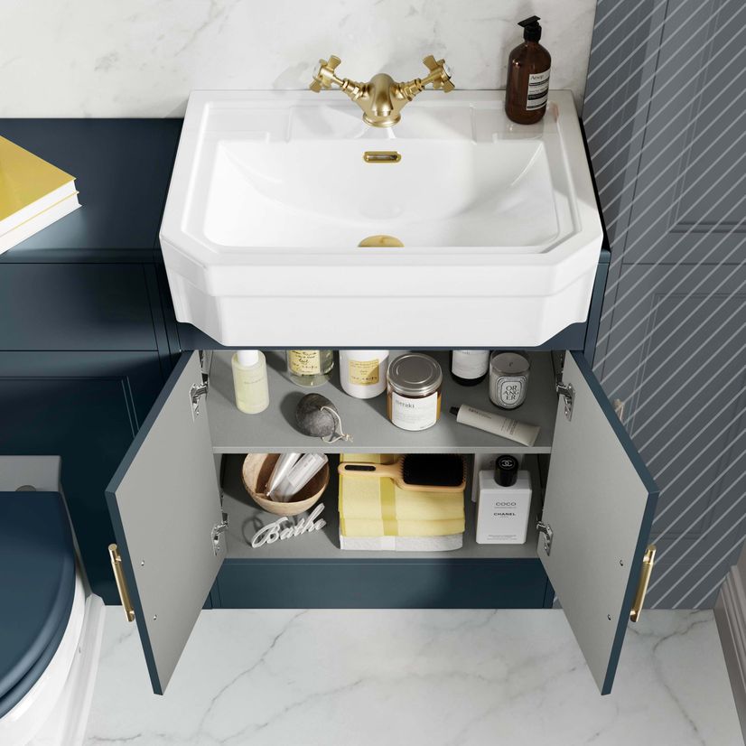 Monaco Inky Blue Combination Vanity Traditional Basin and Hudson Toilet with Wooden Seat 1200mm - Brass Knurled Handles