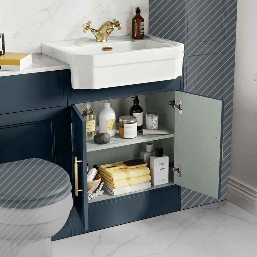 Monaco Inky Blue Combination Vanity Traditional Basin with Marble Top 1200mm (Excludes Pan & Cistern) - Brass Knurled Handles