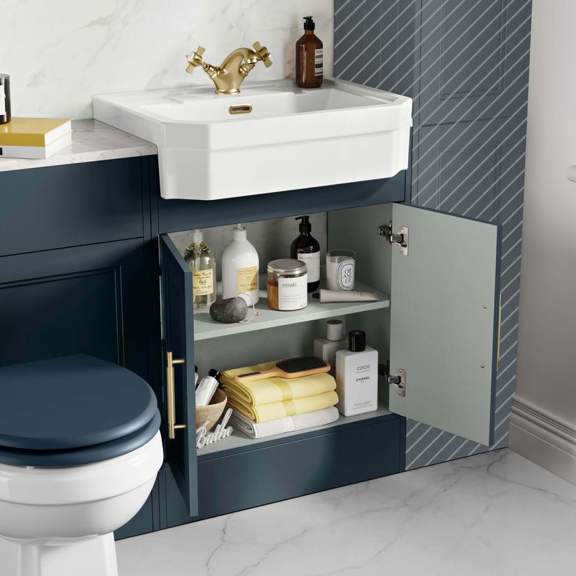 Monaco Inky Blue Combination Vanity Traditional Basin with Marble Top & Hudson Toilet with Wooden Seat 1200mm - Brass Knurled Handles
