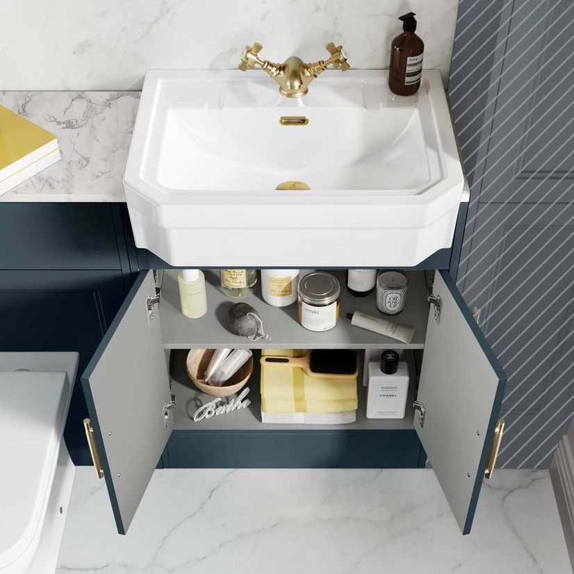 Monaco Inky Blue Combination Vanity Traditional Basin with Marble Top & Atlanta Toilet 1200mm - Brass Knurled Handles