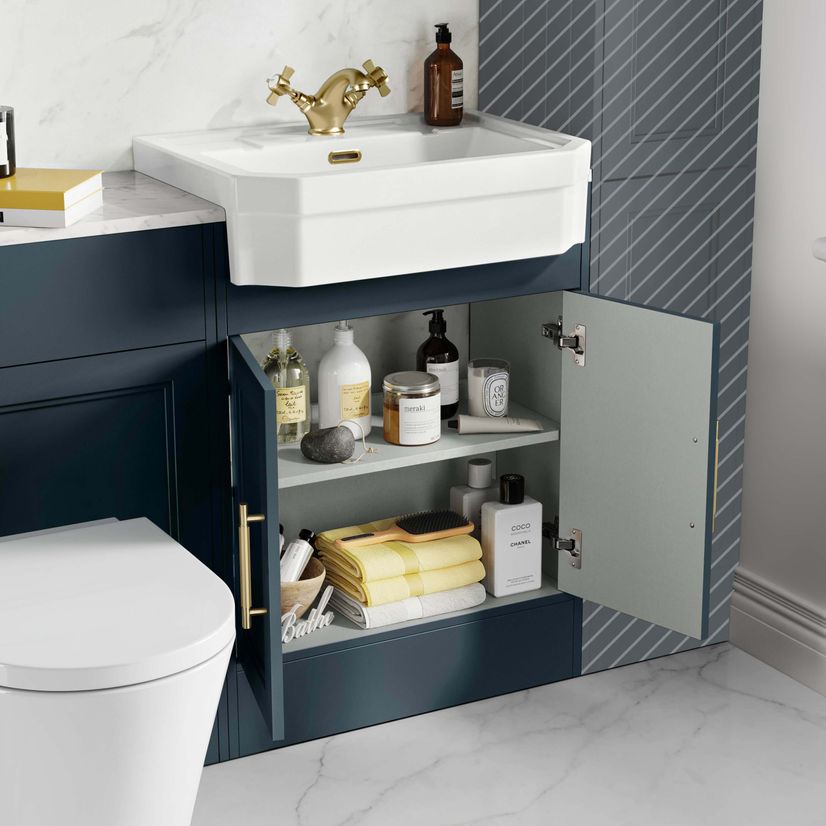 Monaco Inky Blue Combination Vanity Traditional Basin with Marble Top & Boston V2 Toilet 1200mm - Brass Knurled Handles