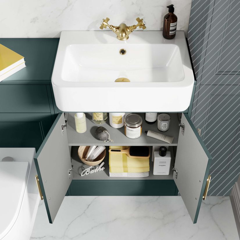 Monaco Midnight Green Combination Vanity Basin and Boston V2 Toilet 1200mm - Brass Knurled Handles