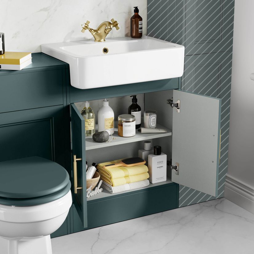 Monaco Midnight Green Combination Vanity Basin and Hudson Toilet with Wooden Seat 1200mm - Brass Knurled Handles