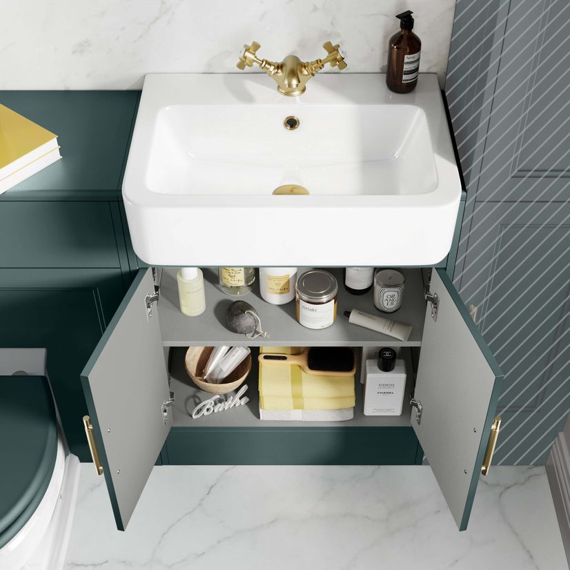 Monaco Midnight Green Combination Vanity Basin and Hudson Toilet with Wooden Seat 1200mm - Brass Knurled Handles