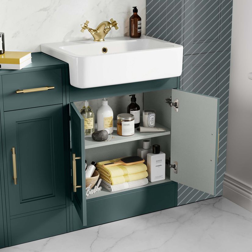 Monaco Midnight Green Basin Vanity and Back To Wall Unit 1500mm (Excludes Pan & Cistern) - Brass Knurled Handles