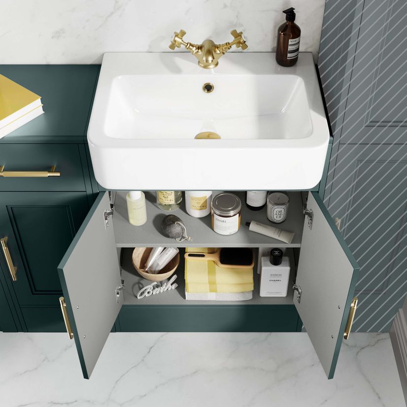 Monaco Midnight Green Combination Vanity Basin and Hudson Toilet with Wooden Seat 1500mm - Brass Knurled Handles