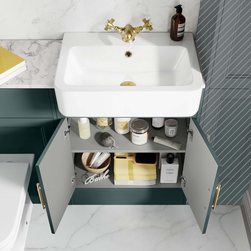 Monaco Midnight Green Combination Vanity Basin with Marble Top & Atlanta Toilet 1200mm - Brass Knurled Handles