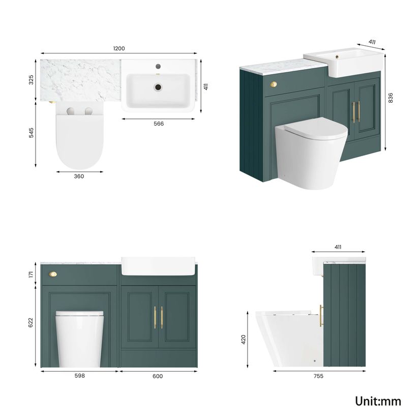 Monaco Midnight Green Combination Vanity Basin with Marble Top & Boston V2 Toilet 1200mm - Brass Knurled Handles