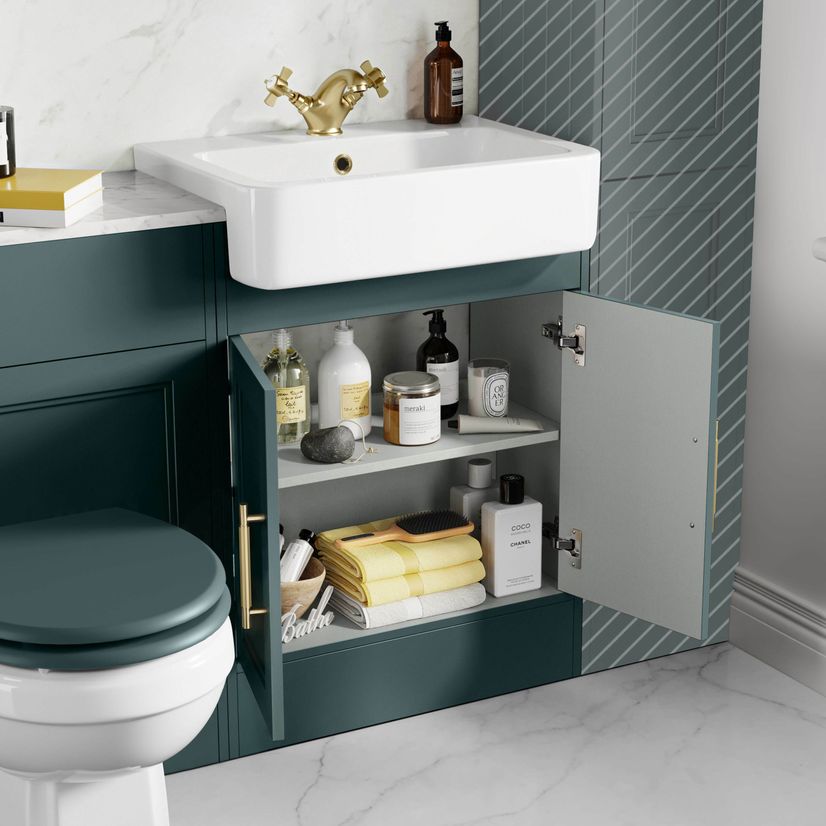 Monaco Midnight Green Combination Vanity Basin with Marble Top & Hudson Toilet with Wooden Seat 1200mm - Brass Knurled Handles