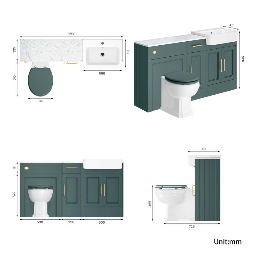 Monaco Midnight Green Combination Vanity Basin with Marble Top and Hudson Toilet with Wooden Seat 1500mm - Brass Knurled Handles