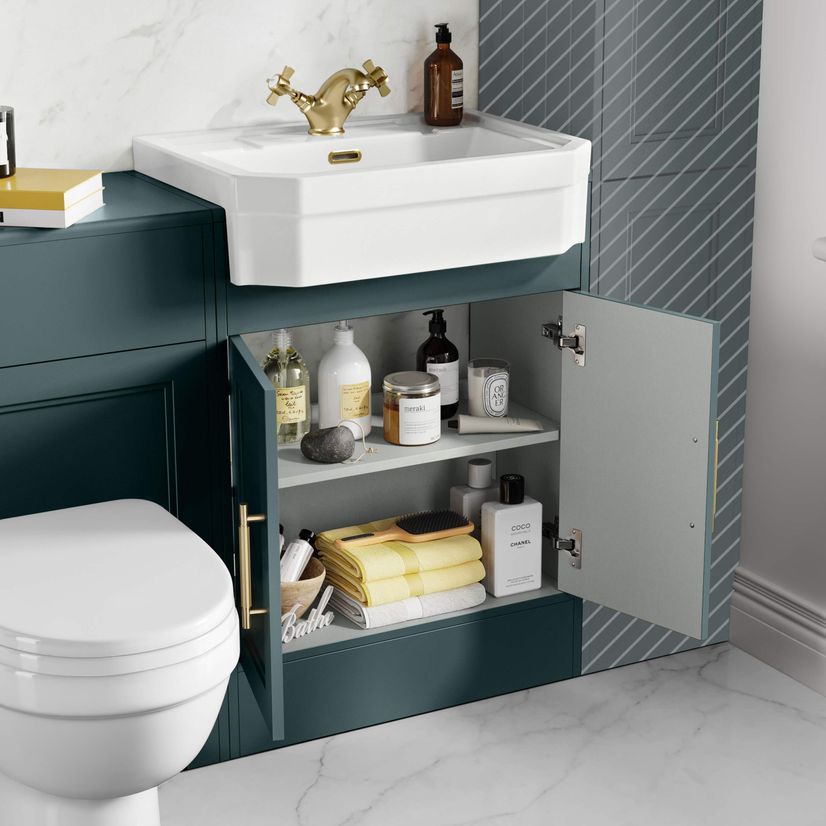 Monaco Midnight Green Combination Vanity Traditional Basin and Seattle Toilet 1200mm - Brass Knurled Handles