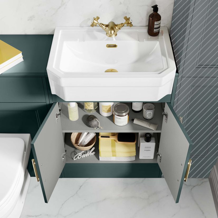 Monaco Midnight Green Combination Vanity Traditional Basin and Seattle Toilet 1200mm - Brass Knurled Handles