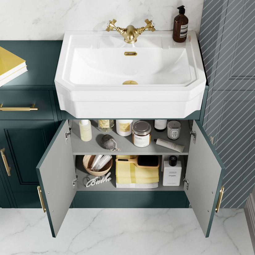 Monaco Midnight Green Combination Vanity Traditional Basin and Seattle Toilet 1500mm - Brass Knurled Handles