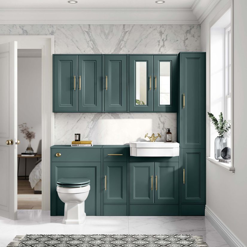 Monaco Midnight Green Combination Vanity Traditional Basin and Hudson Toilet with Wooden Seat 1500mm - Brass Knurled Handles