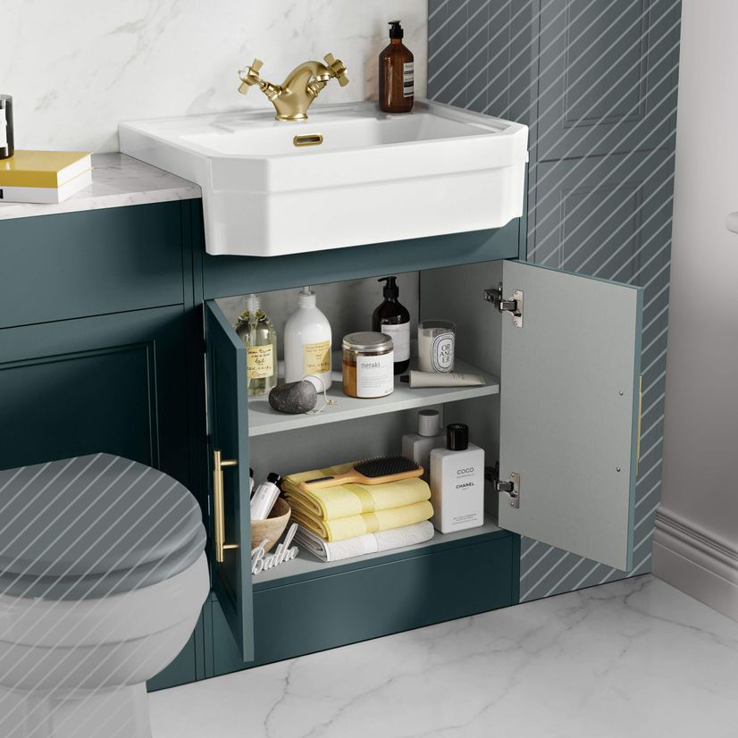 Monaco Midnight Green Combination Vanity Traditional Basin with Marble Top 1200mm (Excludes Pan & Cistern) - Brass Knurled Handles