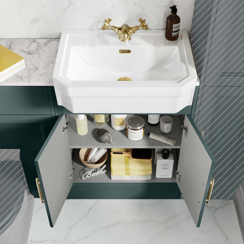 Monaco Midnight Green Combination Vanity Traditional Basin with Marble Top 1200mm (Excludes Pan & Cistern) - Brass Knurled Handles