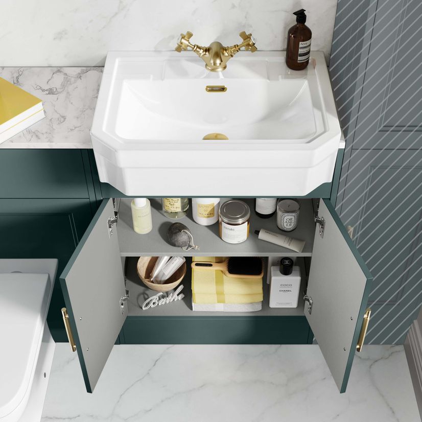 Monaco Midnight Green Combination Vanity Traditional Basin with Marble Top & Atlanta Toilet 1200mm - Brass Knurled Handles
