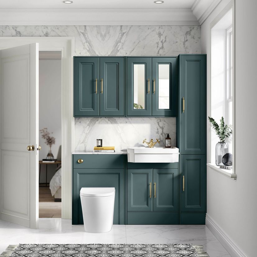 Monaco Midnight Green Combination Vanity Traditional Basin with Marble Top & Boston V2 Toilet 1200mm - Brass Knurled Handles
