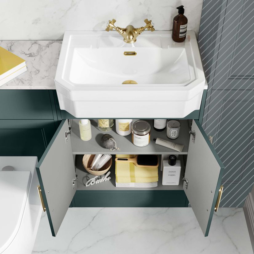 Monaco Midnight Green Combination Vanity Traditional Basin with Marble Top & Boston V2 Toilet 1200mm - Brass Knurled Handles