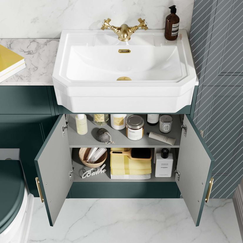 Monaco Midnight Green Combination Vanity Traditional Basin with Marble Top & Hudson Toilet with Wooden Seat 1200mm - Brass Knurled Handles