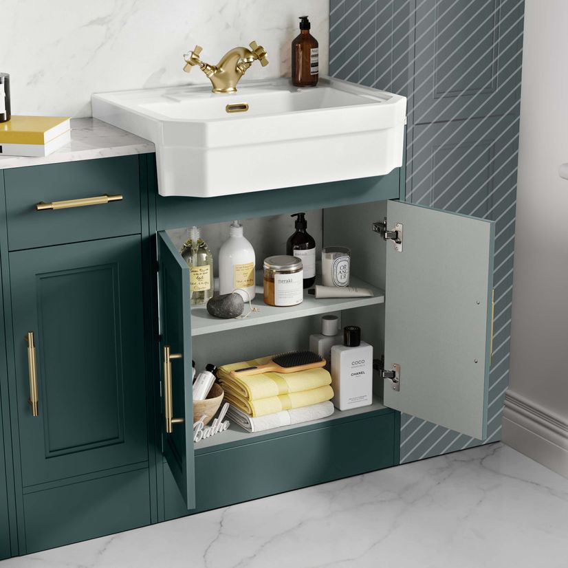 Monaco Midnight Green Combination Vanity Traditional Basin with Marble Top and Boston V2 Toilet 1500mm - Brass Knurled Handles