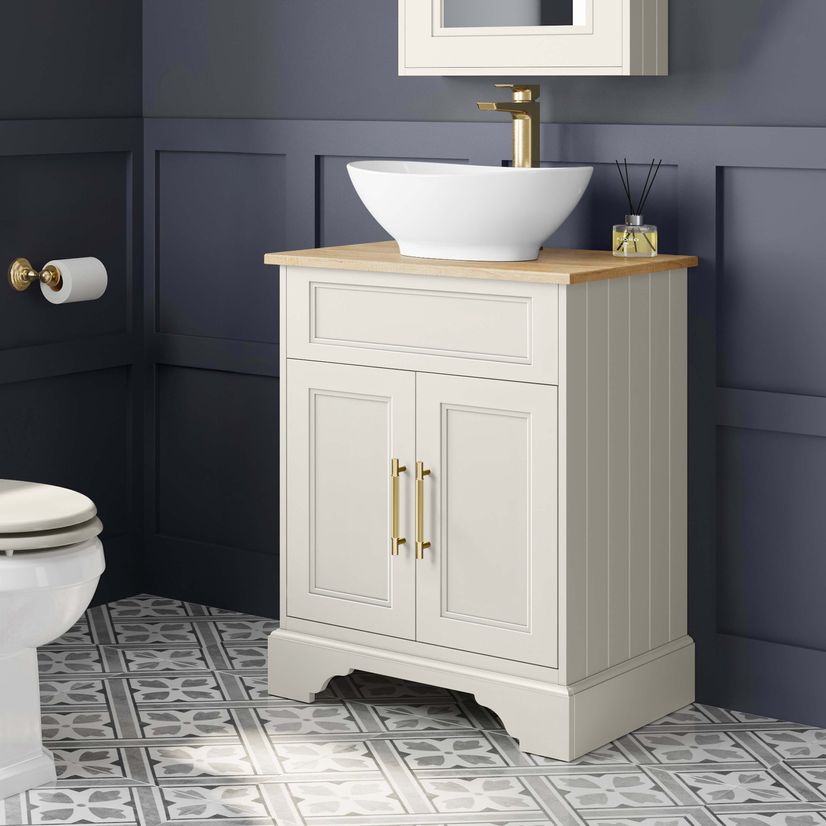 Lucia Chalk White Vanity with Oak Effect Top & Oval Counter Top Basin 640mm - Brass Knurled Handles