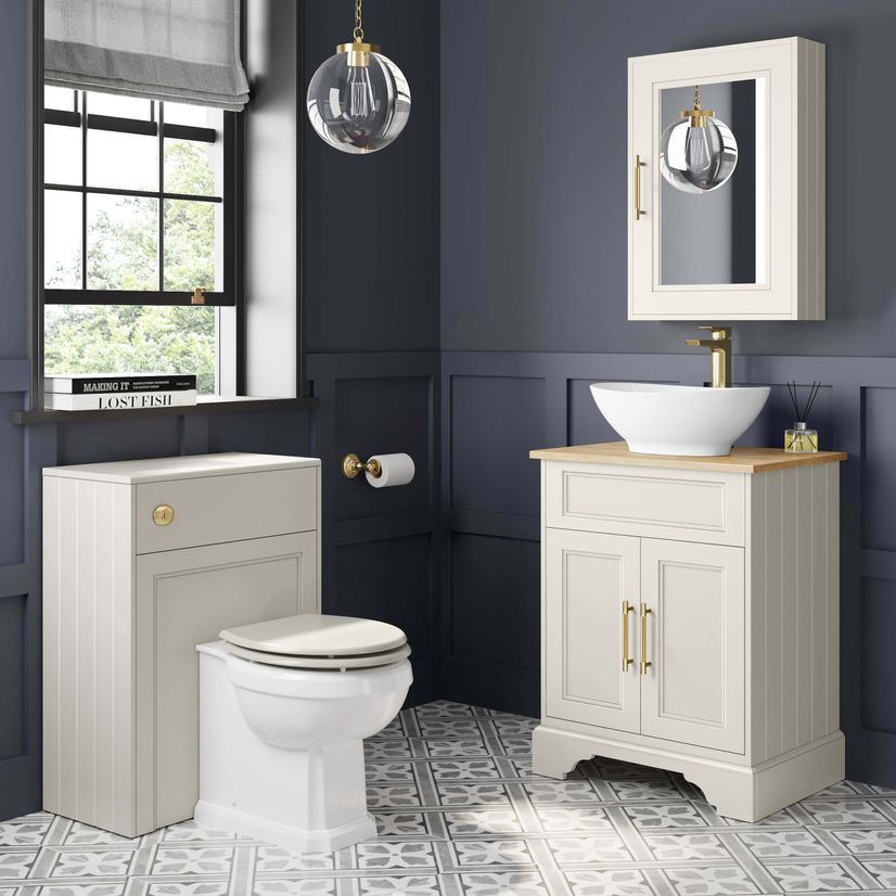 Lucia Chalk White Vanity with Oak Effect Top & Oval Counter Top Basin 640mm - Brass Knurled Handles