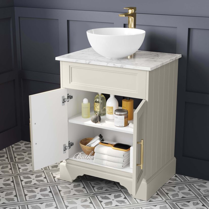 Lucia Chalk White Vanity with Marble Top & Round Counter Top Basin 640mm - Brass Knurled Handles