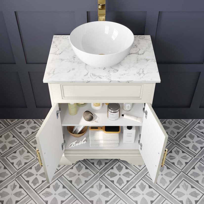 Lucia Chalk White Vanity with Marble Top & Round Counter Top Basin 640mm - Brass Knurled Handles