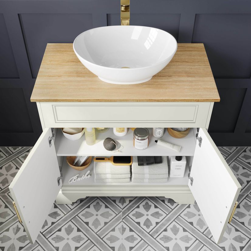 Lucia Chalk White Vanity with Oak Effect Top & Oval Counter Top Basin 840mm - Brass Knurled Handles
