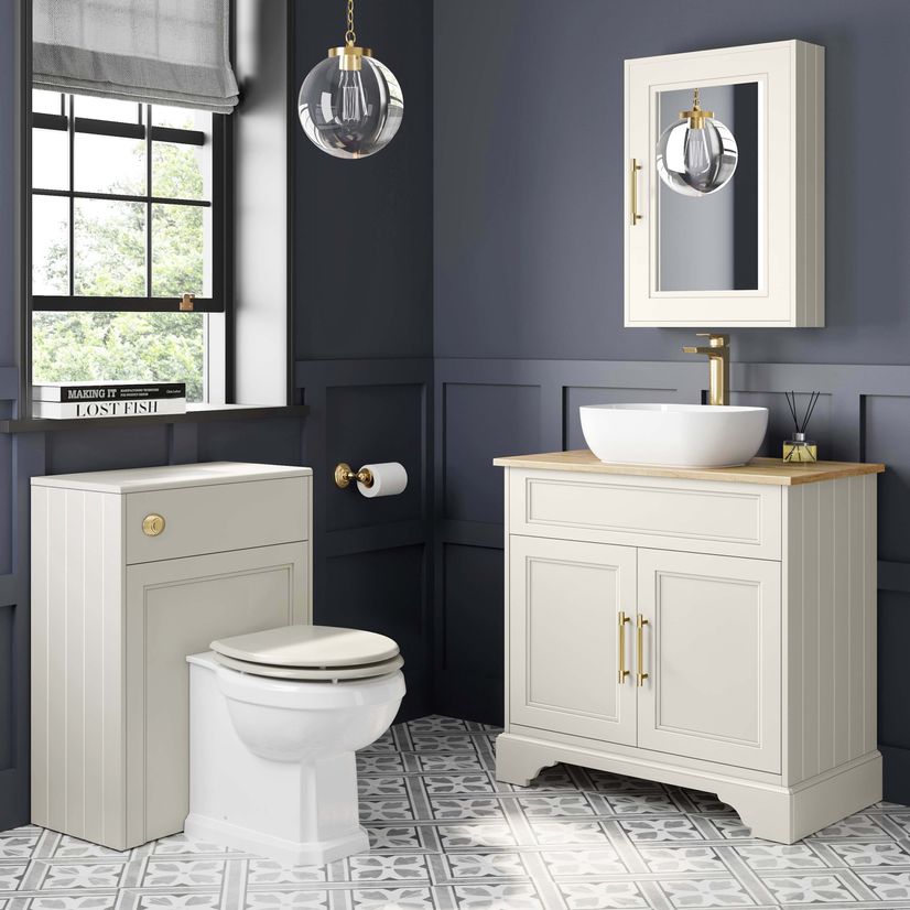 Lucia Chalk White Vanity with Oak Effect Top & Curved Counter Top Basin 840mm - Brass Knurled Handles