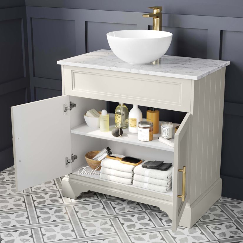 Lucia Chalk White Vanity with Marble Top & Round Counter Top Basin 840mm - Brass Knurled Handles