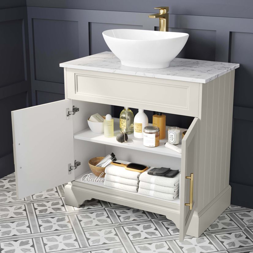 Lucia Chalk White Vanity with Marble Top & Oval Counter Top Basin 840mm - Brass Knurled Handles