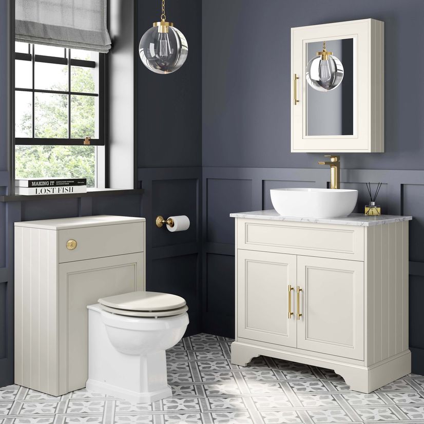 Lucia Chalk White Vanity with Marble Top & Curved Counter Top Basin 840mm - Brass Knurled Handles