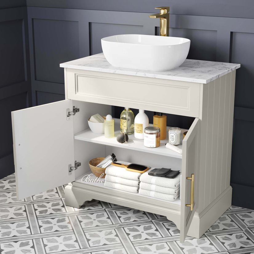 Lucia Chalk White Vanity with Marble Top & Curved Counter Top Basin 840mm - Brass Knurled Handles