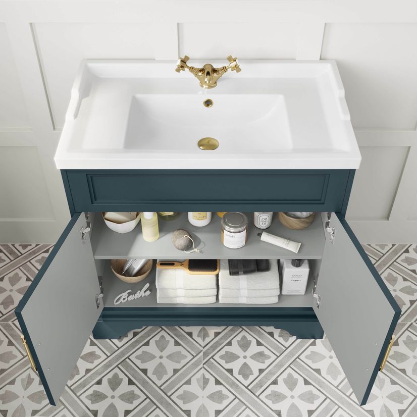 Lucia Inky Blue Basin Vanity 830mm - Brass Knurled Handles