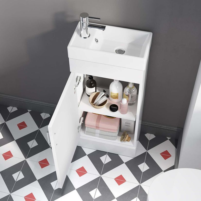 Quartz Gloss White Cloakroom Floor Standing Basin Vanity 400mm and Toilet Set