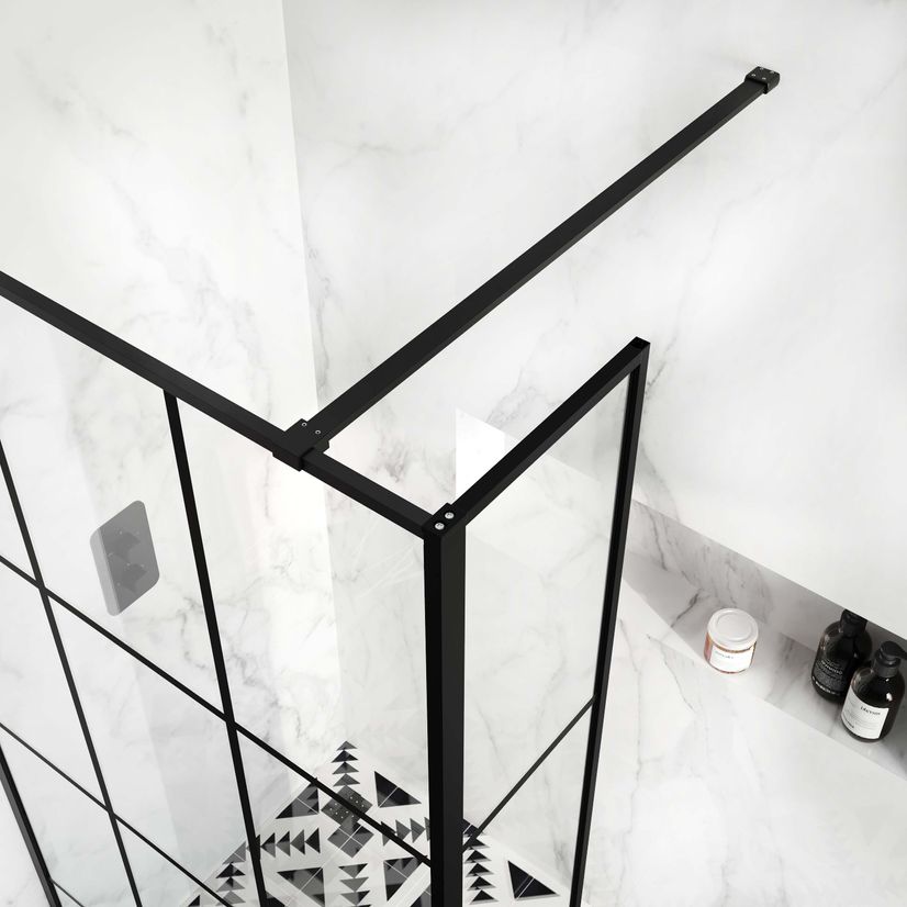 Munich Matt Black Crittall 8mm Wet Room Shower Glass 1000mm & 250mm Return Panel